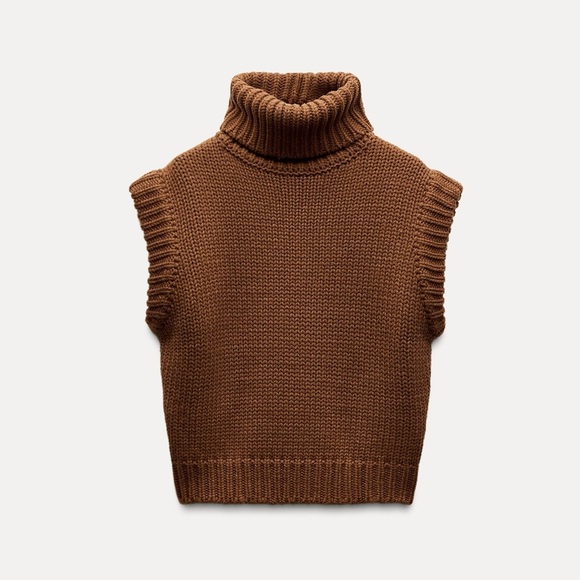 ZARA Plain Knit Roll Neck Sleeveless Sweater Vest Caramel Brown M - Picture 1 of 16